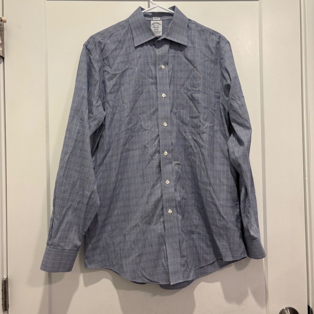 Brooks Brothers Regent Non-Iron Dress Shirt 15.5 34 Blue Plaid Supima Cotton